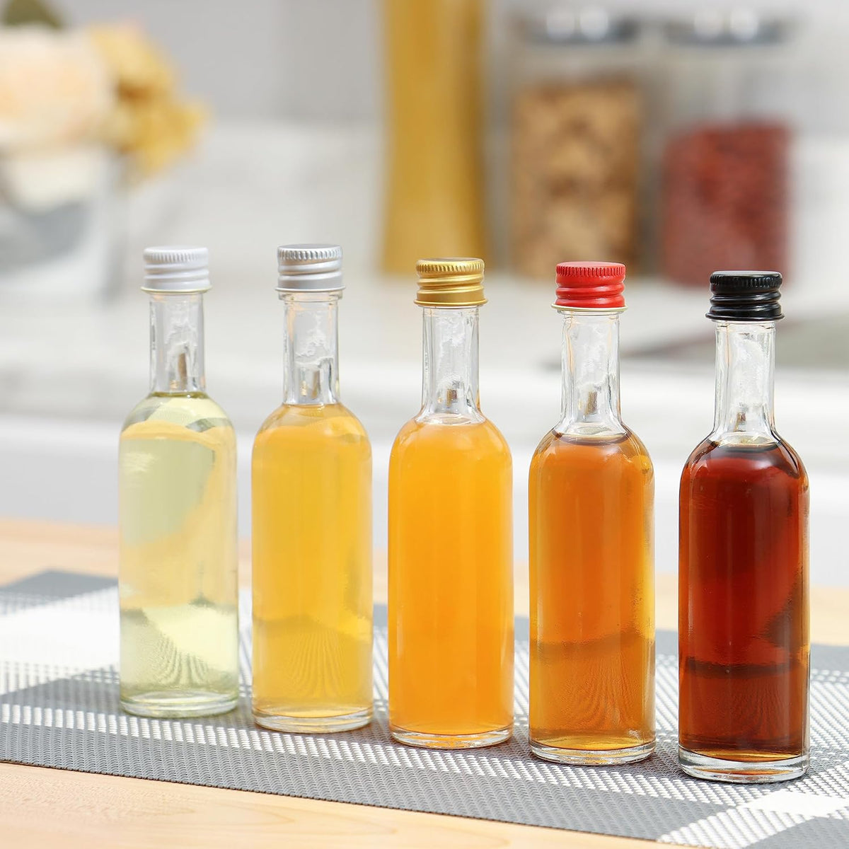 50 ml Mini Liquor Bottle Glass With Aluminum Lid and Heat Shrink 24 Pack (White Caps) for Liquor