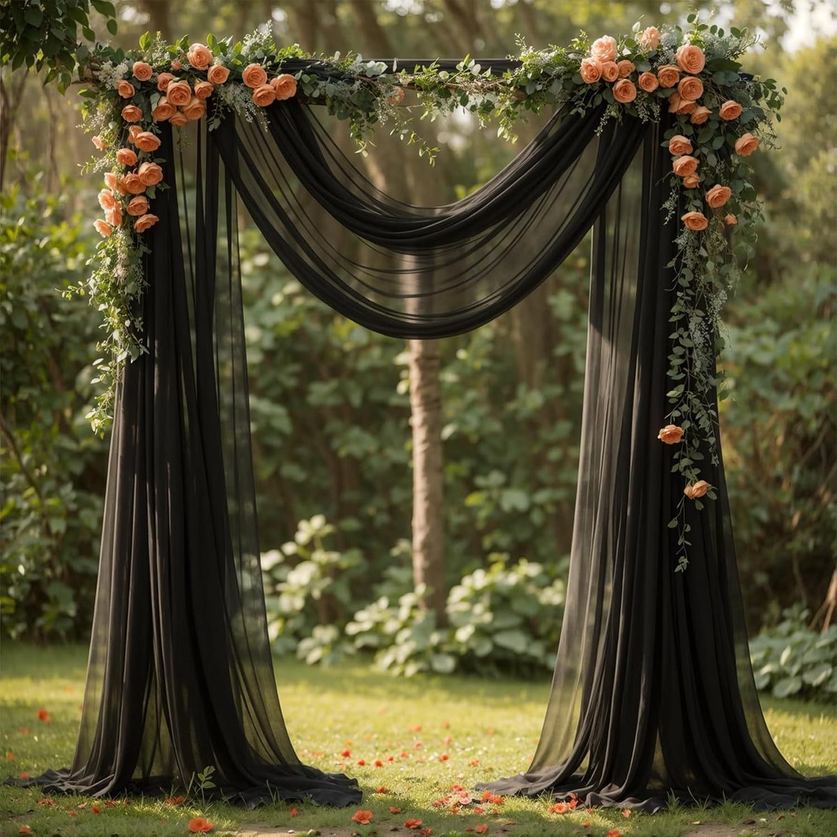 Wedding Arch Draping Fabric,2 Panels 18FT Black Sheer Chiffon Curtain Drapes 6 Yards for Wedding