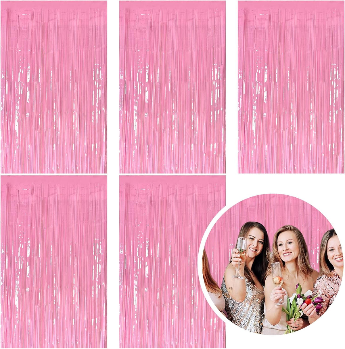 5 Pack Foil Curtain Pink Backdrop Streamers Metallic Tinsel Fringe Curtains Photo Booth Props for
