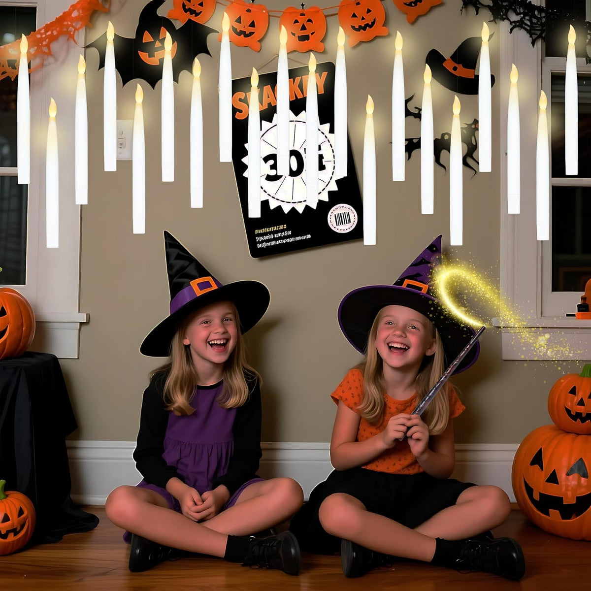 JOYIN 20Pcs Halloween Floating Candles with Wand Remote Flickering Warm Light Taper Magic Hanging