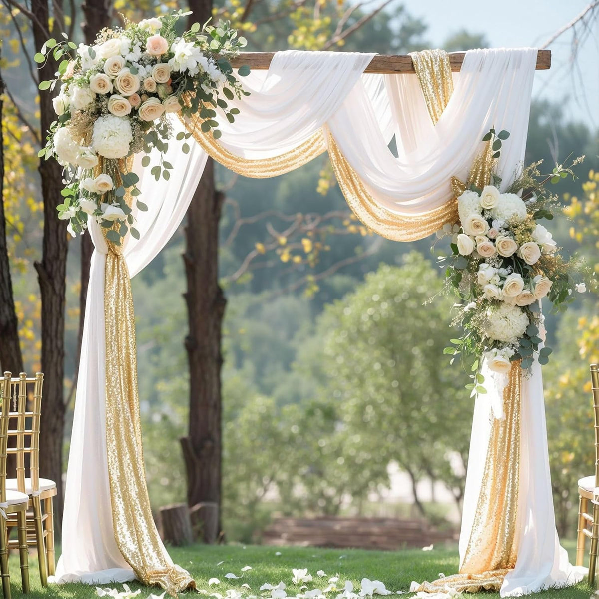 Wedding Arch Draping Fabric, 1 Panel 28" x19ft White Arch Drapes & 1 Panel 16" x19ft Champagne