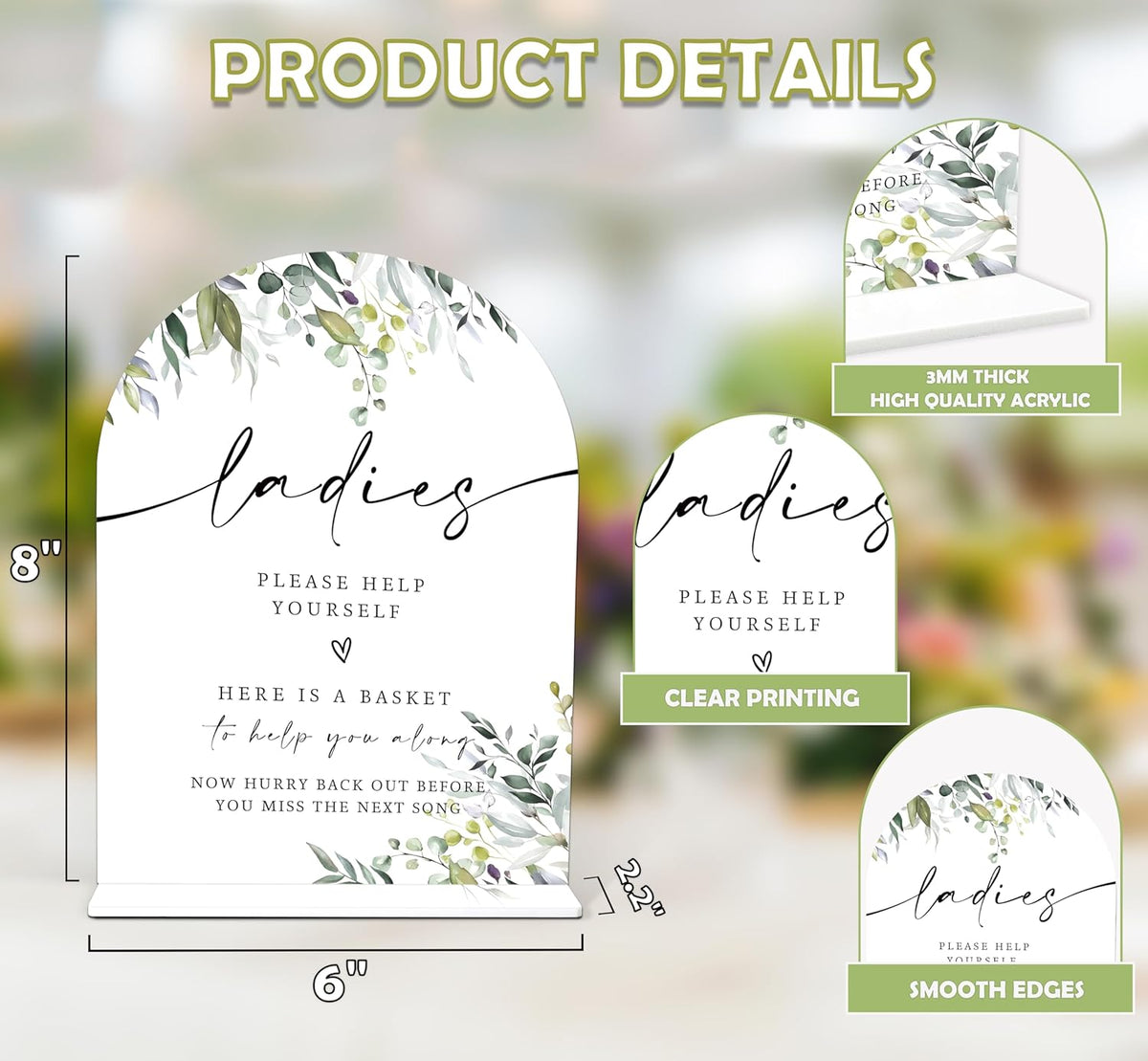 2 Pcs Greenery Wedding Bathroom Ladies & Gents Signs, 6 x 8 Inch White Arch Acrylic Wedding Sign