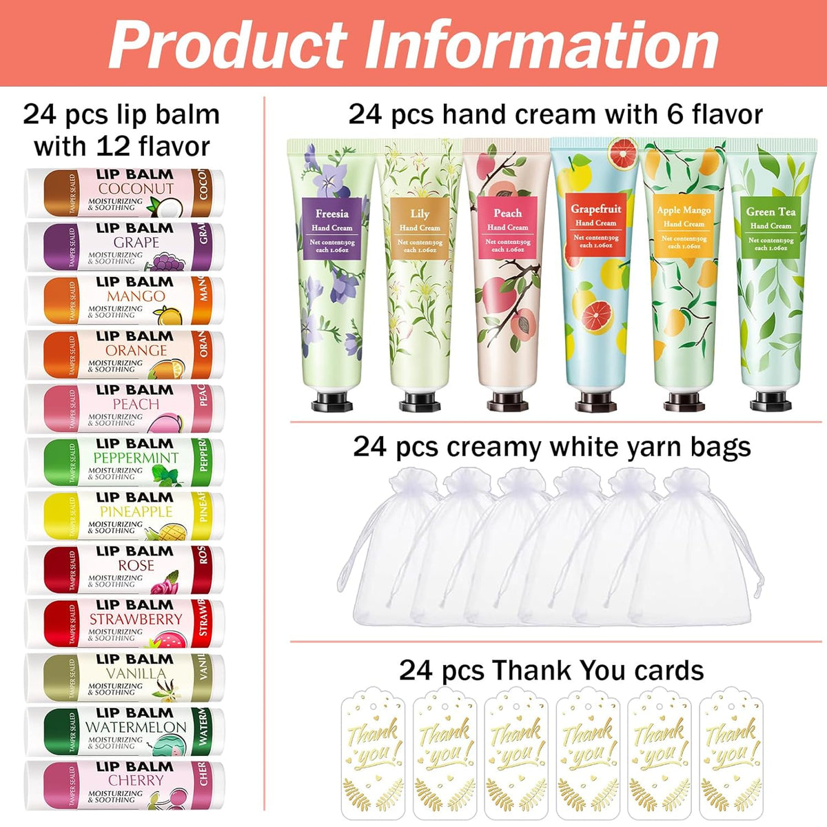 AZEN 24 Sets Bulk Gifts, Hand Cream and Lip Balm Bulk Set with Organza Bag Thank You Card, Baby