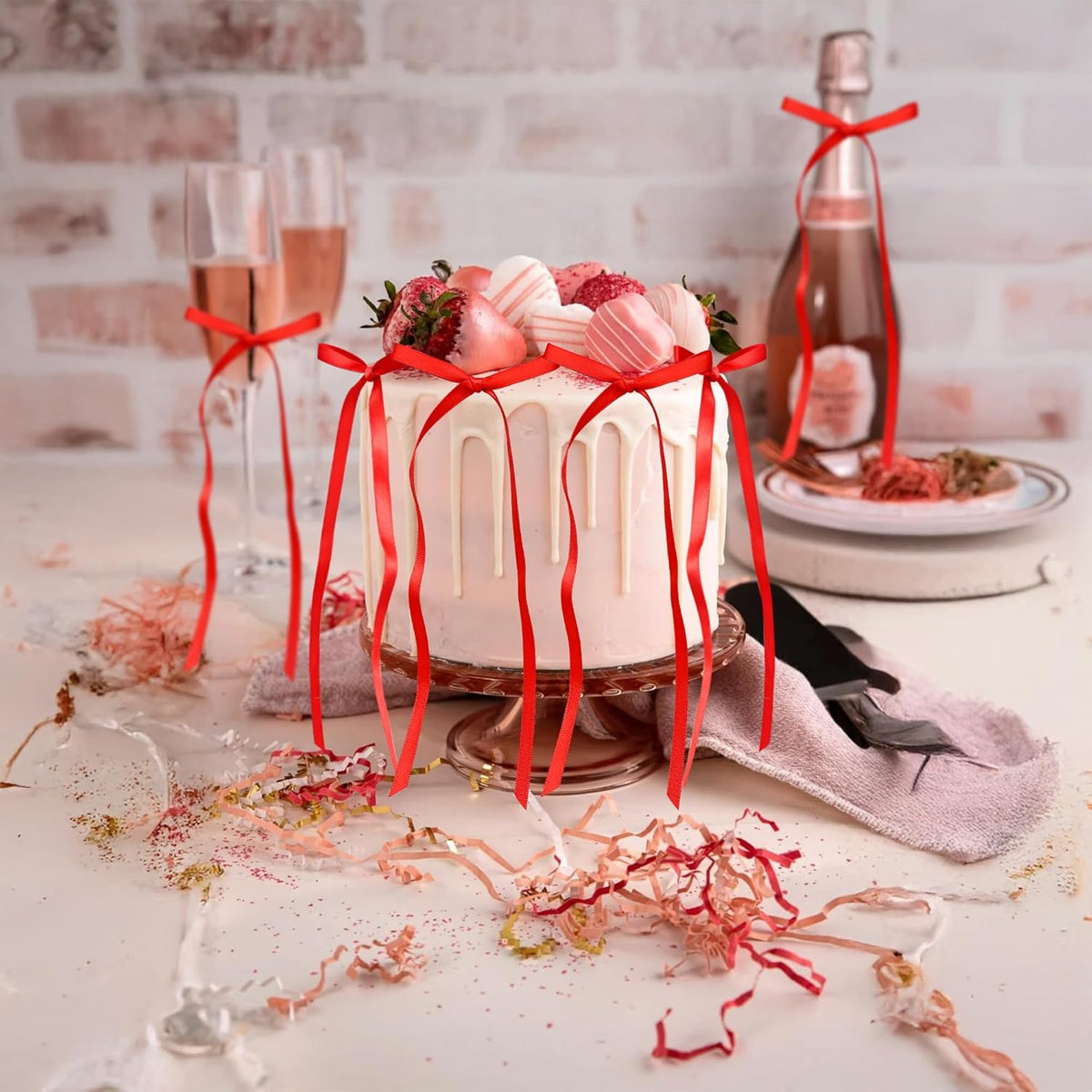 Ephlyn 30Pcs Bow Cupcake Toppers Valentine's Bowknot Ribbons Coquette Bow High Footed Cup Balloon