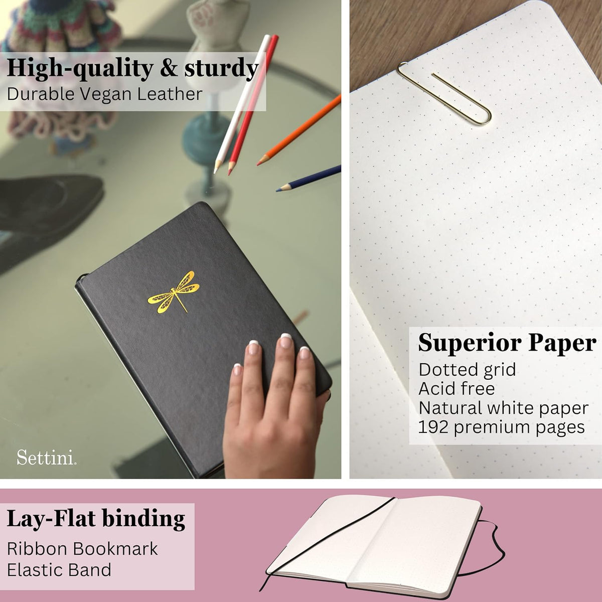 SETTINI Dotted Journal, Ideal for Bullet Journaling - A5 Vegan Leather Notebook, 192