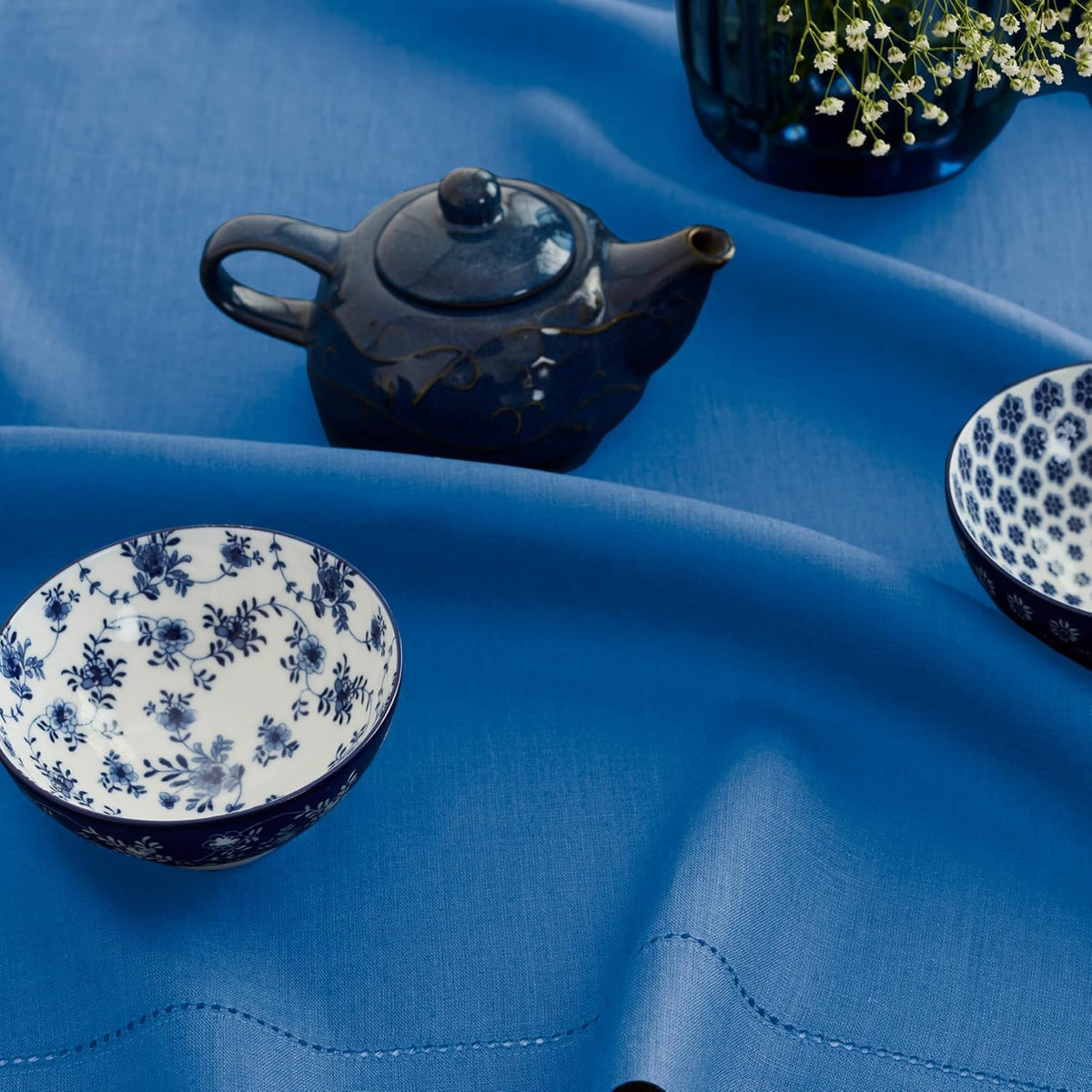 Solino Home Linen Indigo Blue Tablecloth 60 x 132 Inch - Classic Hemstitch, 100% Pure Linen