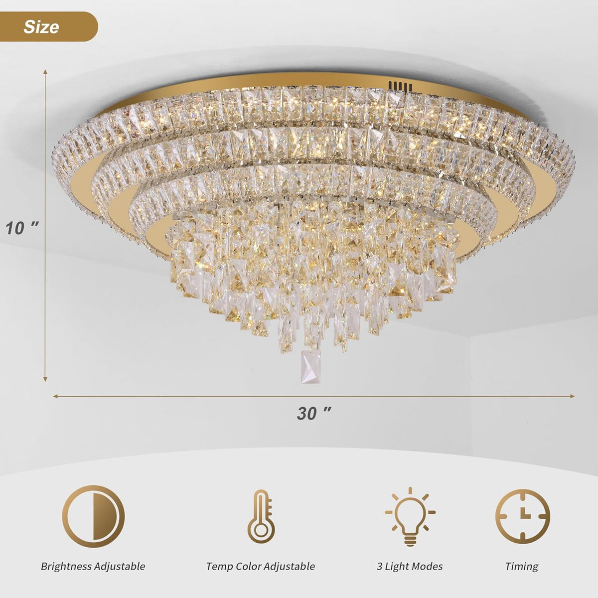 30 inch Crystal Gold Ceiling-Light Flush Mount with Remote Control and APP, 3CCT Dimmable &