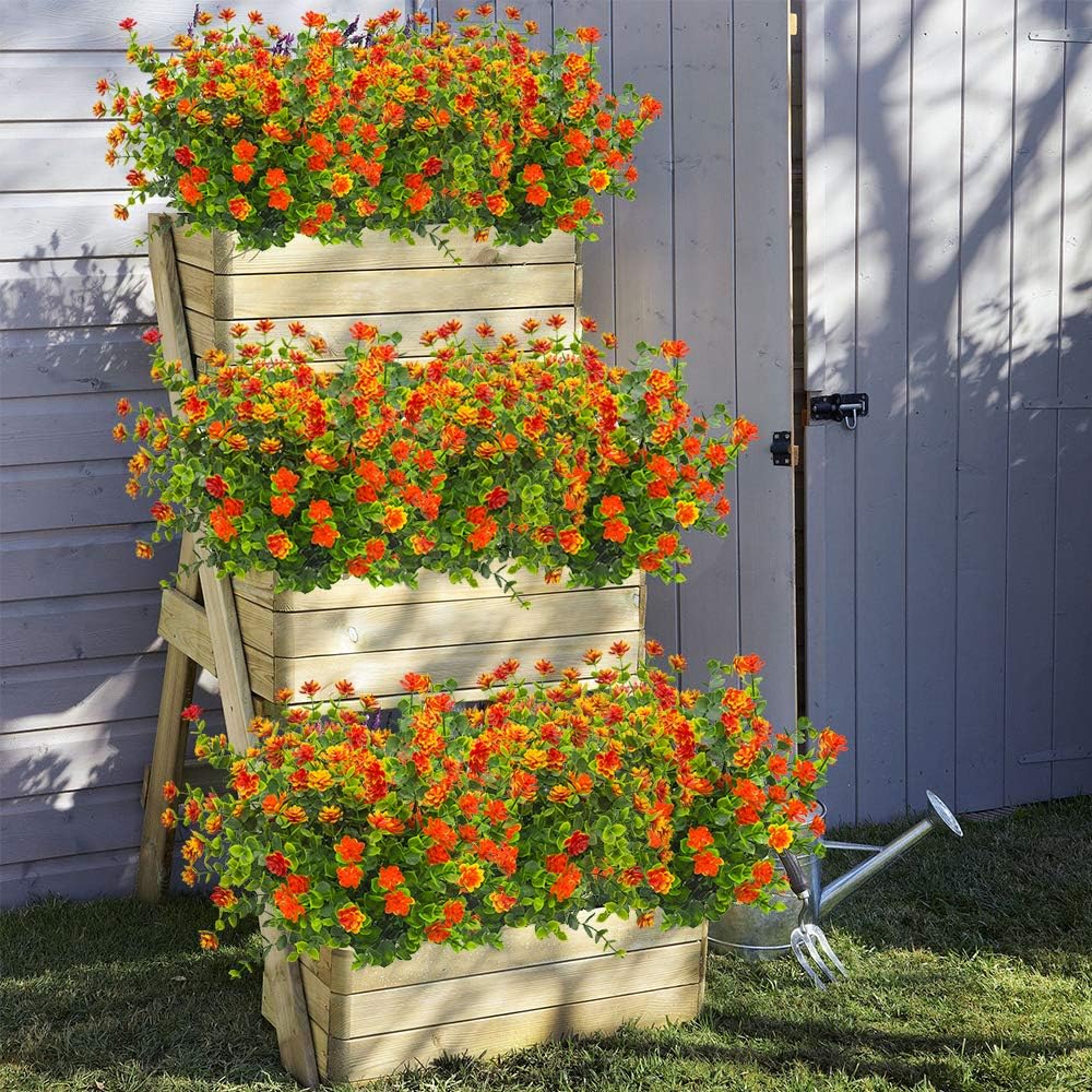 10 Bundles Artificial Fake Flowers, Faux Outdoor Plastic Plants UV Resistant Shrubs Outside Indoor