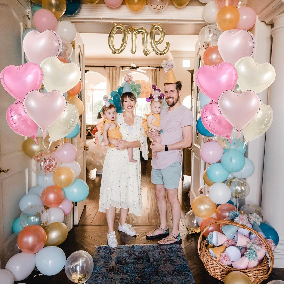 TONIFUL 15Pcs 18 Inch Heart Balloons Pastel Pink Cream White Pink Heart Shape Foil Mylar Balloons