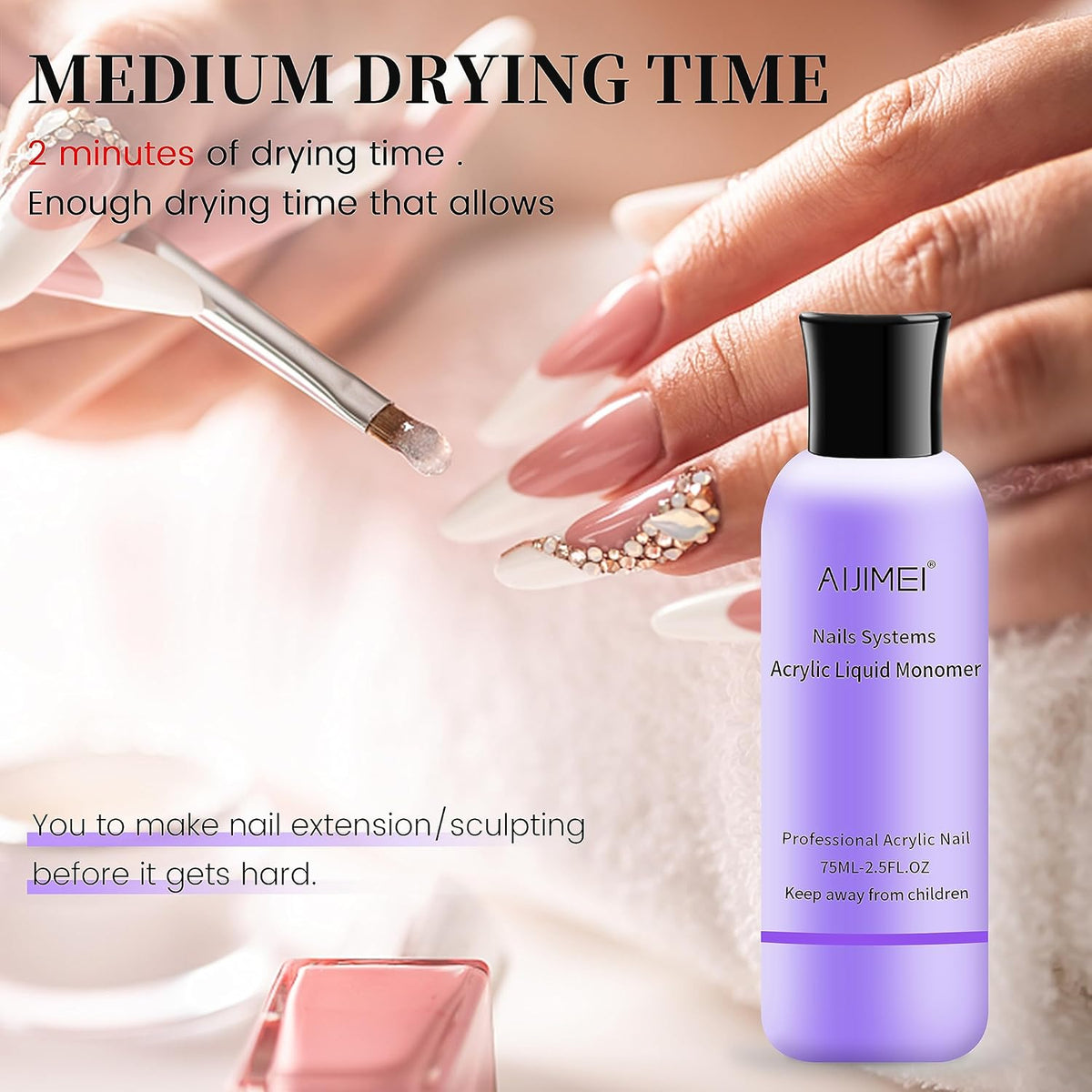 AIJIMEI Acrylic Nail Liquid Monomer 75ml/2.5fl.oz, Acrylic Nail Monomer Liquid Nail Extension Nail
