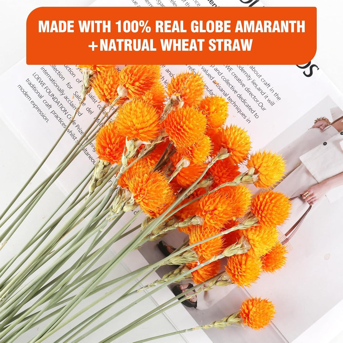 Dried Globe Amaranth Flower with Wheat Straw Natural - 40PCS Bouquet for Vase Home Decor Party DIY
