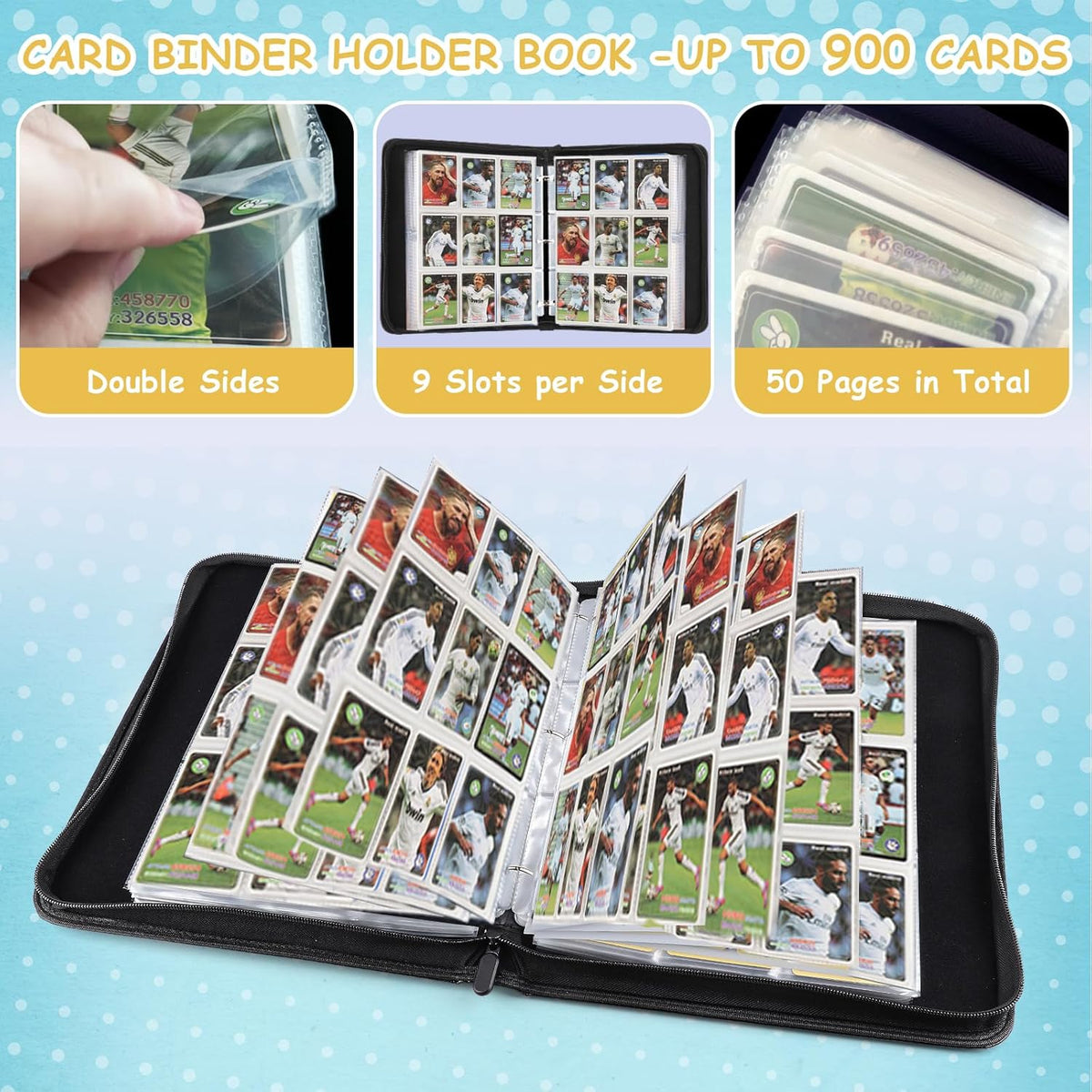 Trading Card Binder, Card Collection Binder Album Folder with 720 Side Loading Pockets, 9 Pocket