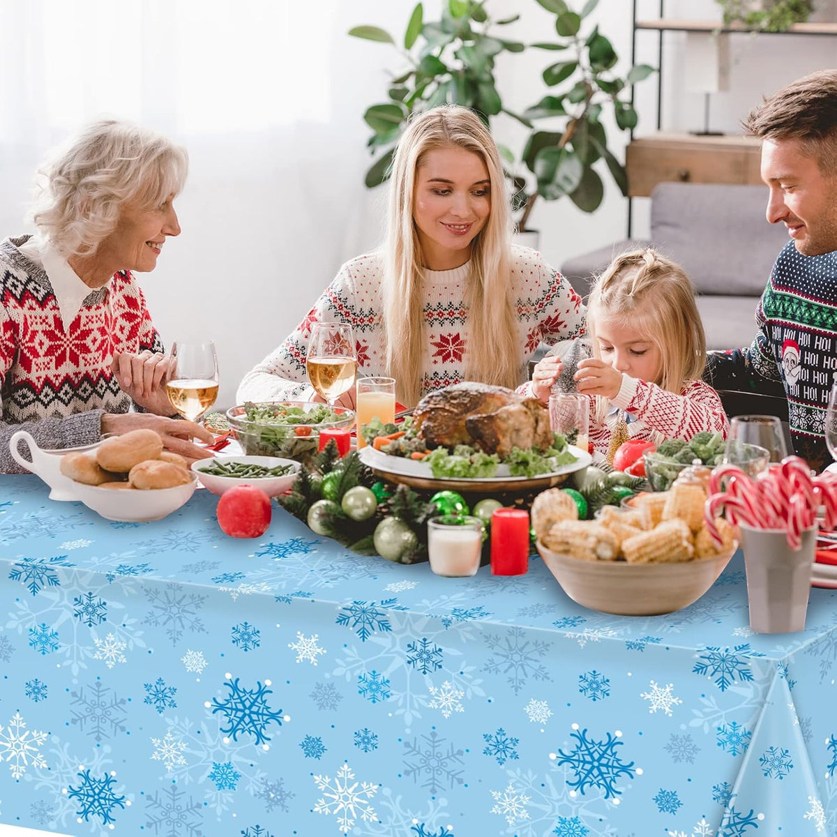 6 Pieces Christmas Snowflake Party Tablecloth Decorations,Plastic Ice Blue and White Winter