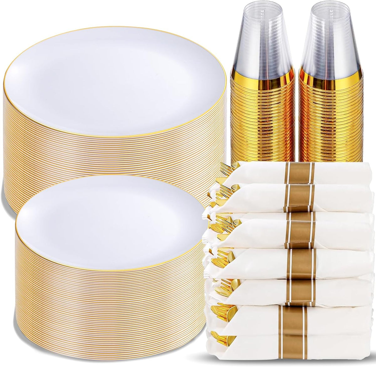 KIRE 350 PCS White and Gold Plates Disposable - Elegant Dinnerware Set of 50 Guest, White Plastic