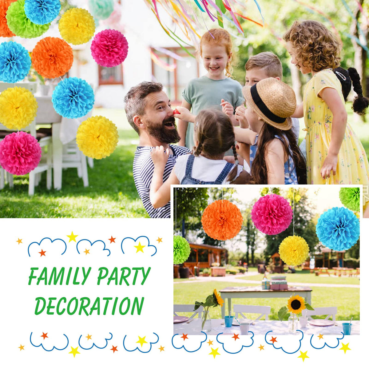 Tissue Pom Pom Paper Flower Ball Party Decorations - 15 Pcs 10, 12, 14 Inch -for Wedding, Birthday