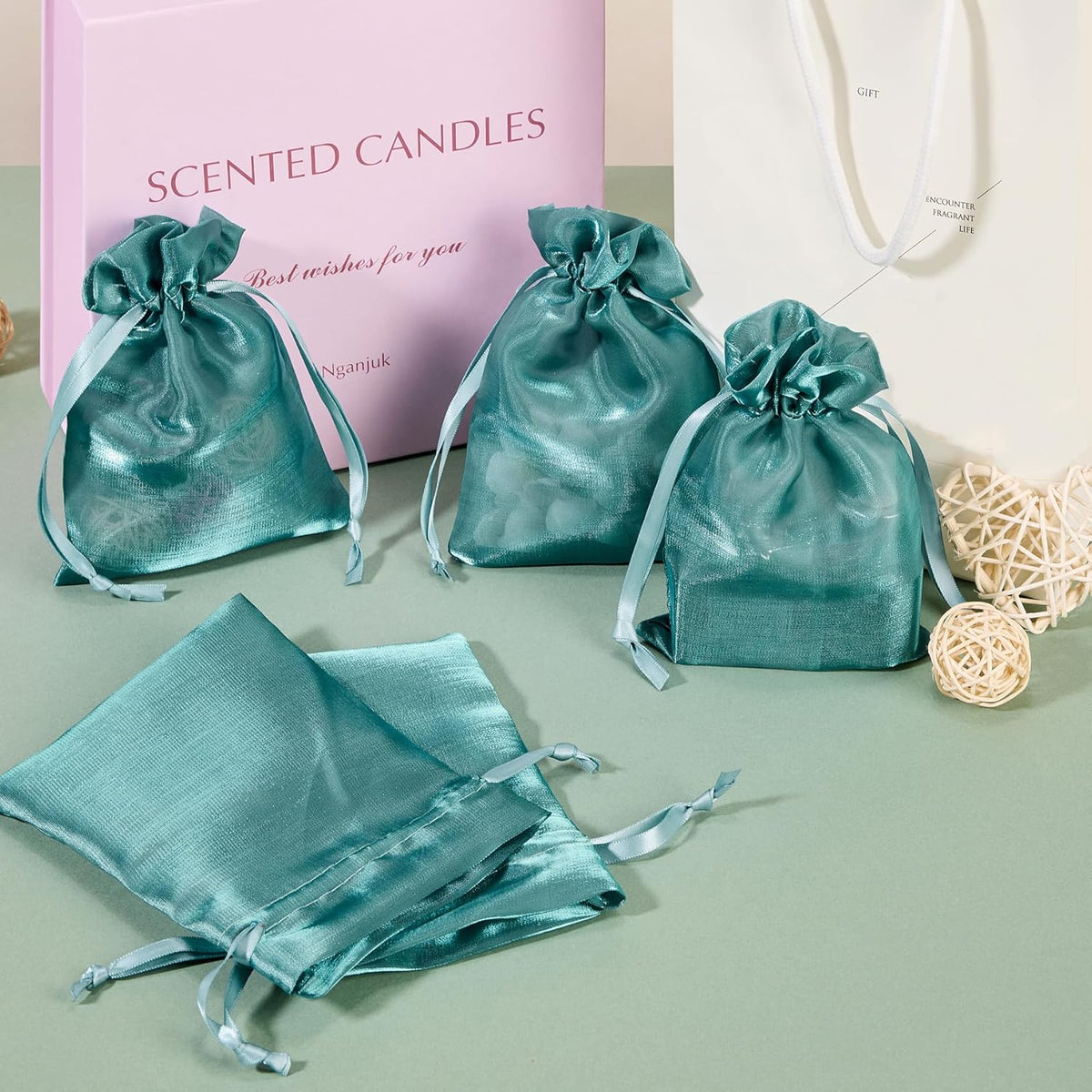 QIANF 20 Pcs Dark Green Small Organza Bags 3X4 inch for Wedding Favors with Drawstring, Mini Mesh