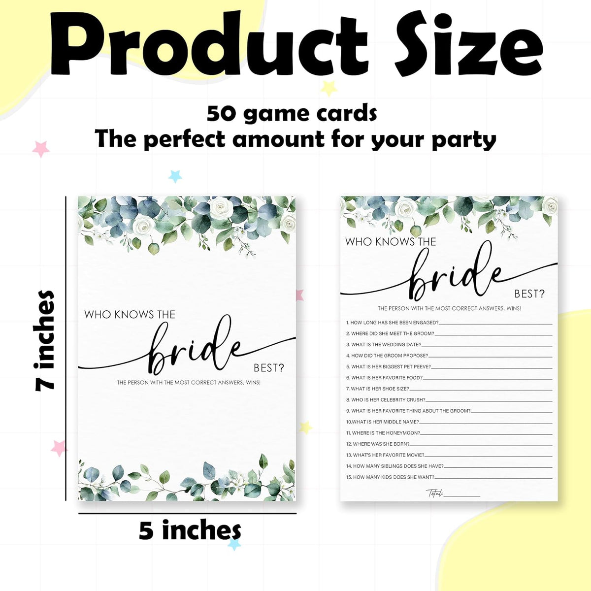Who Knows The Bride Best - Botanical Bridal Shower Game Cards - 50 Pcs Eucalyptus Leaves Game Cards