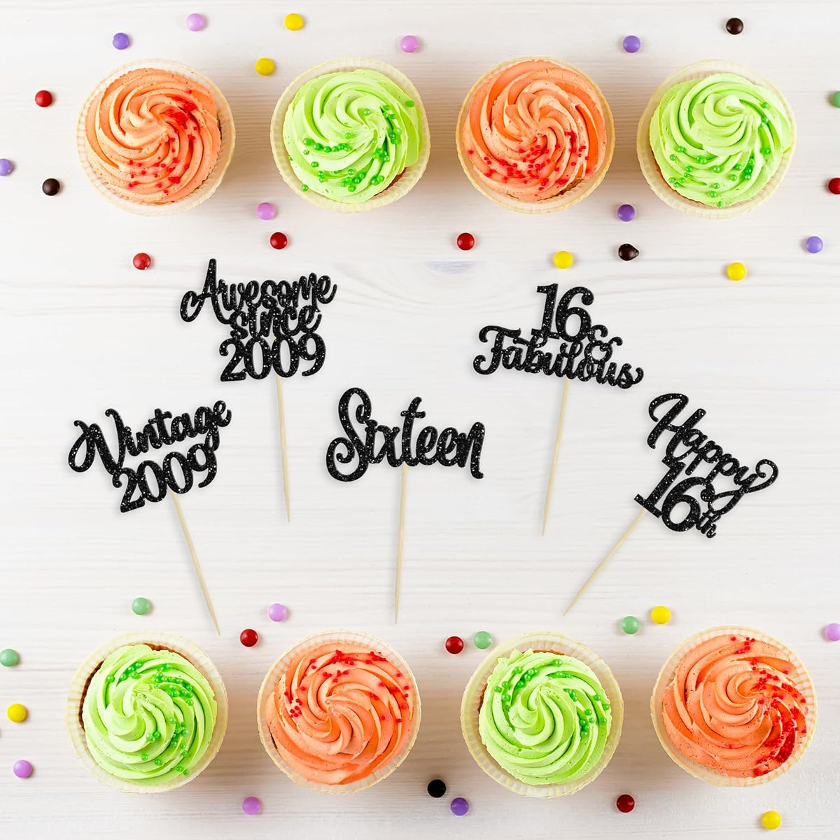 30Pcs Happy 16th Birthday Cupcake Toppers Glitter Sixteen Vintage 2009 Cupcake Picks Cheers to 16