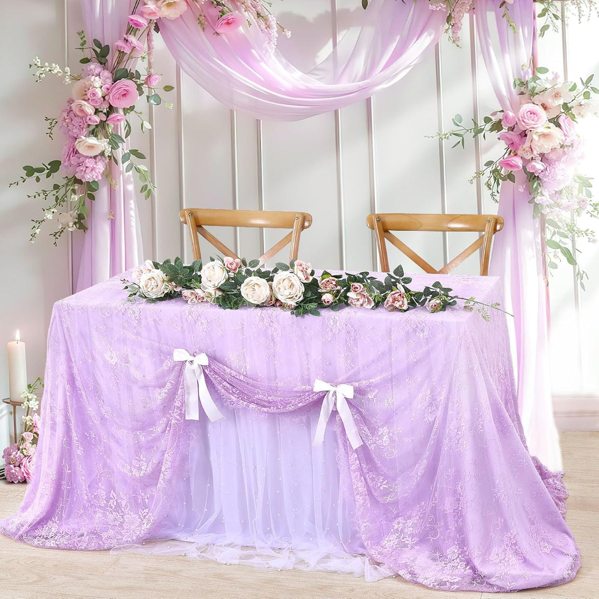 Light Purple Tablecloth Outdoor Lace Table Fabric 2pcs 60x120 Inch for Farmhouse Rustic Wedding