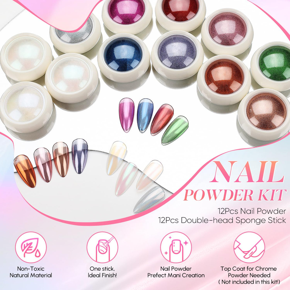 AIMEILI Pearl Chrome Nail Powder, Vegan, Cruelty Free, 12 Colors Aurora Metallic Holographic Mirror