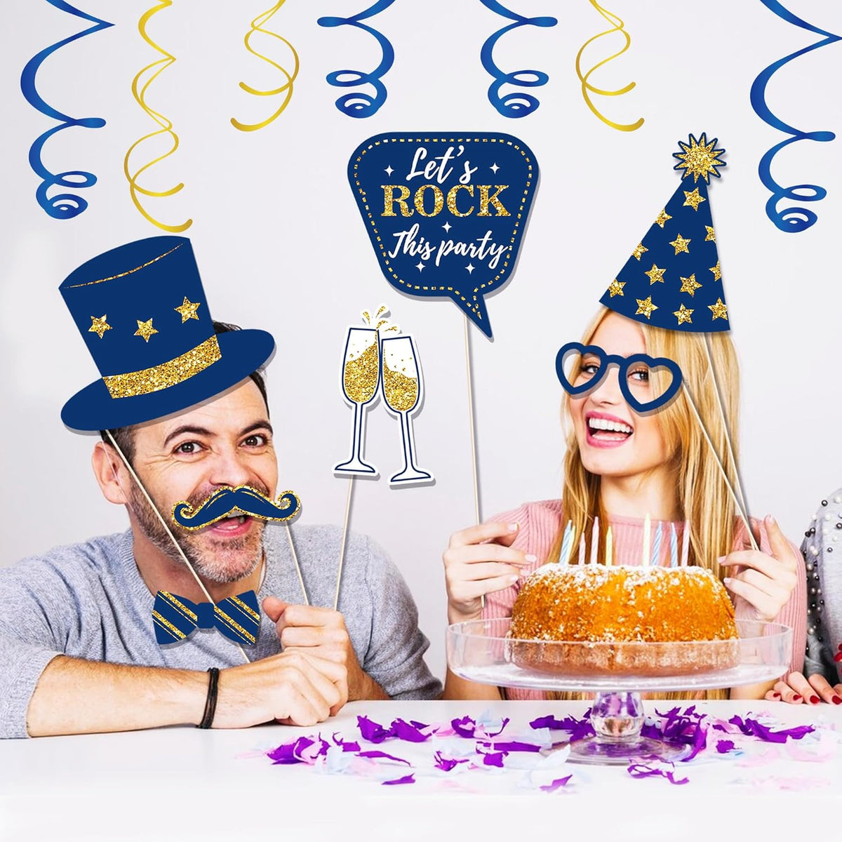 36 PCS Photo Booth Props Party Supplies Holiday Picture Decorations Blue Paper Photo Props for