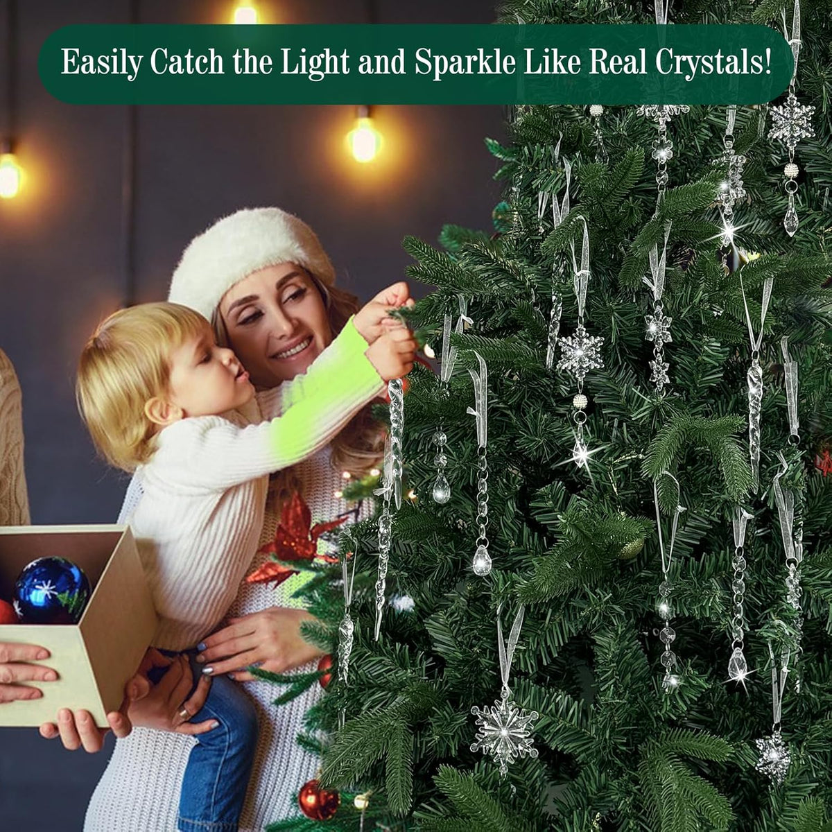 Christmas Tree Decorations 18Pcs, Acrylic Crystal Ornaments for Christmas Tree- Hanging Christmas