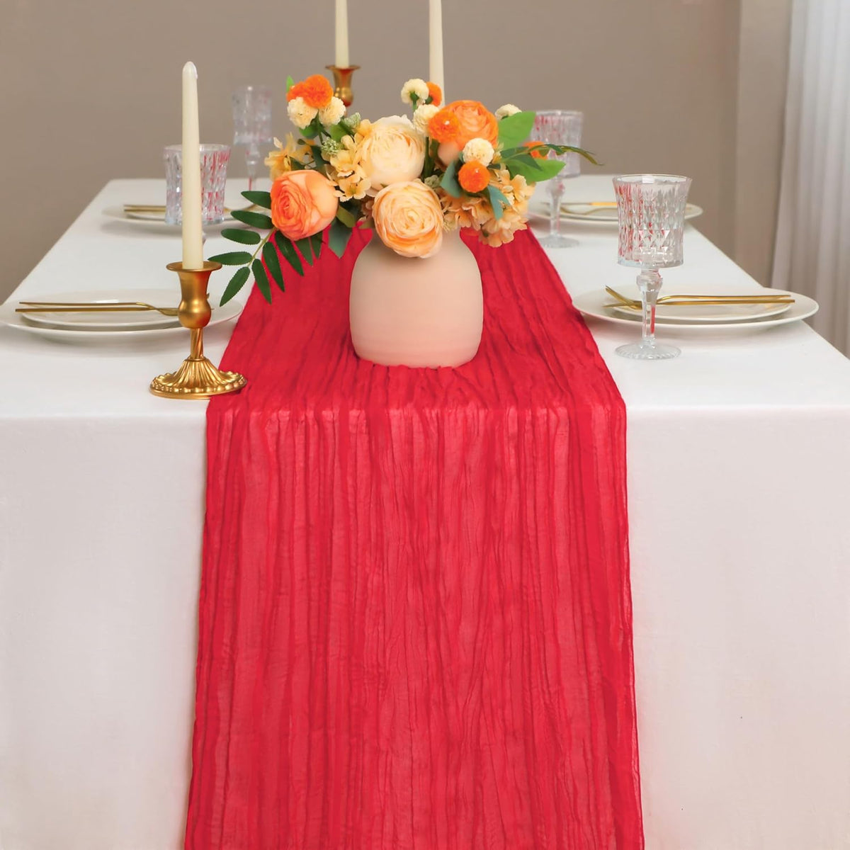 Snowkingdom 10 Ft Red Cheesecloth Table Runner, 120 inch Long Cheese Cloth Boho Gauze Runner for