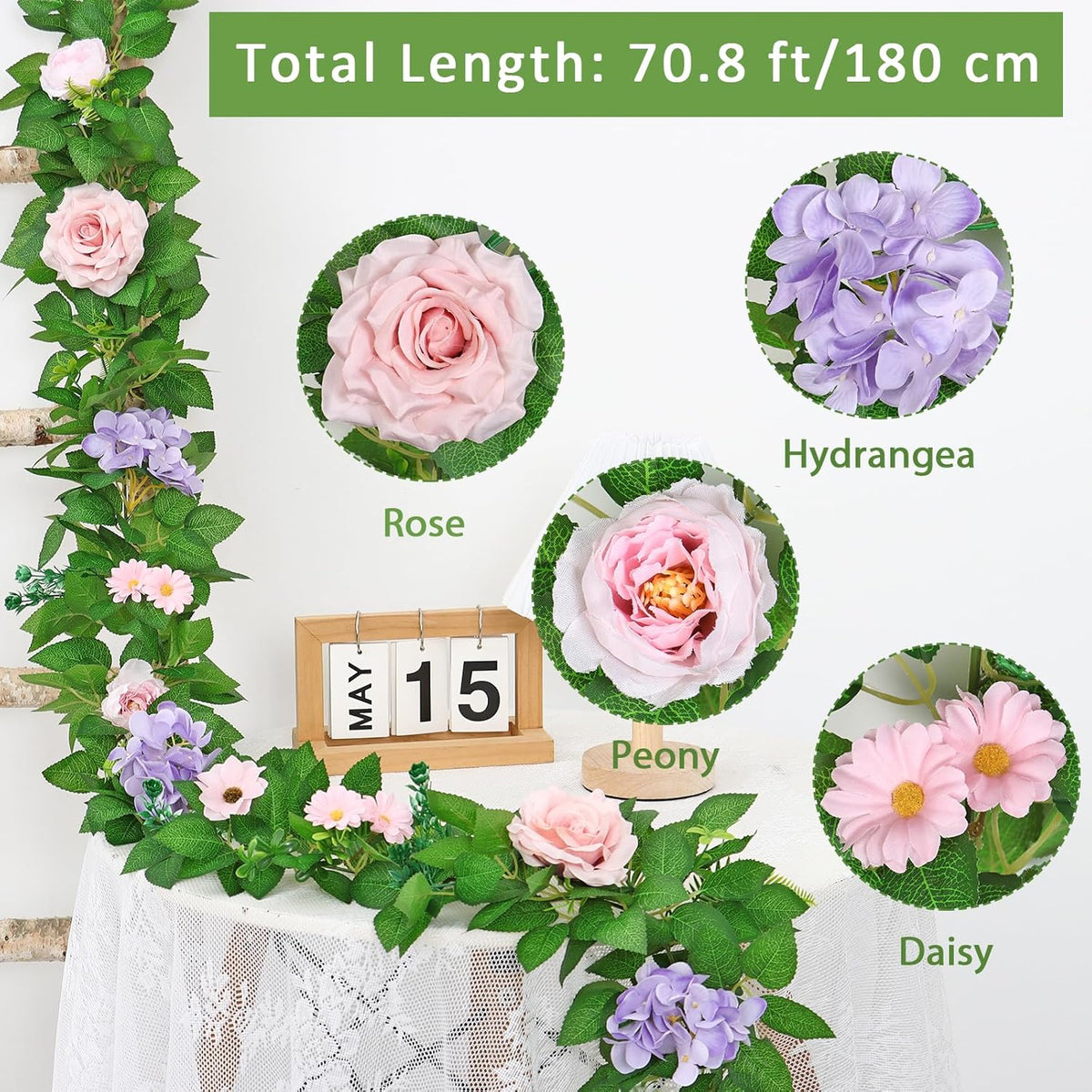 Dremisland 2PCS Artificial Rose Vine Fake Flower Garland 6FT Faux Silk Rose Hanging Vine Floral