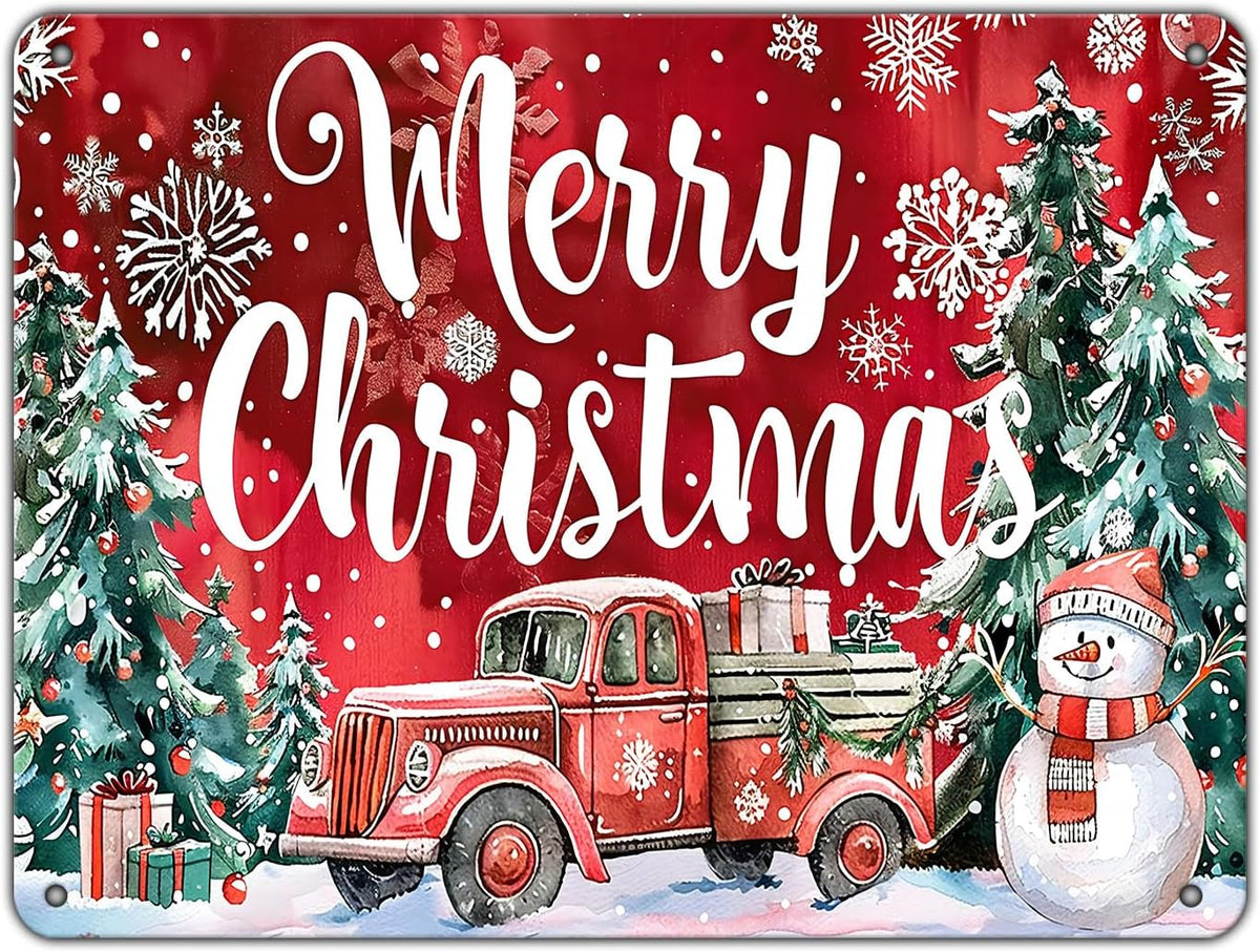 Christmas Truck Metal Tin Sign Merry Christmas Sign Funny Snowman Tin Sign Christmas Tree House
