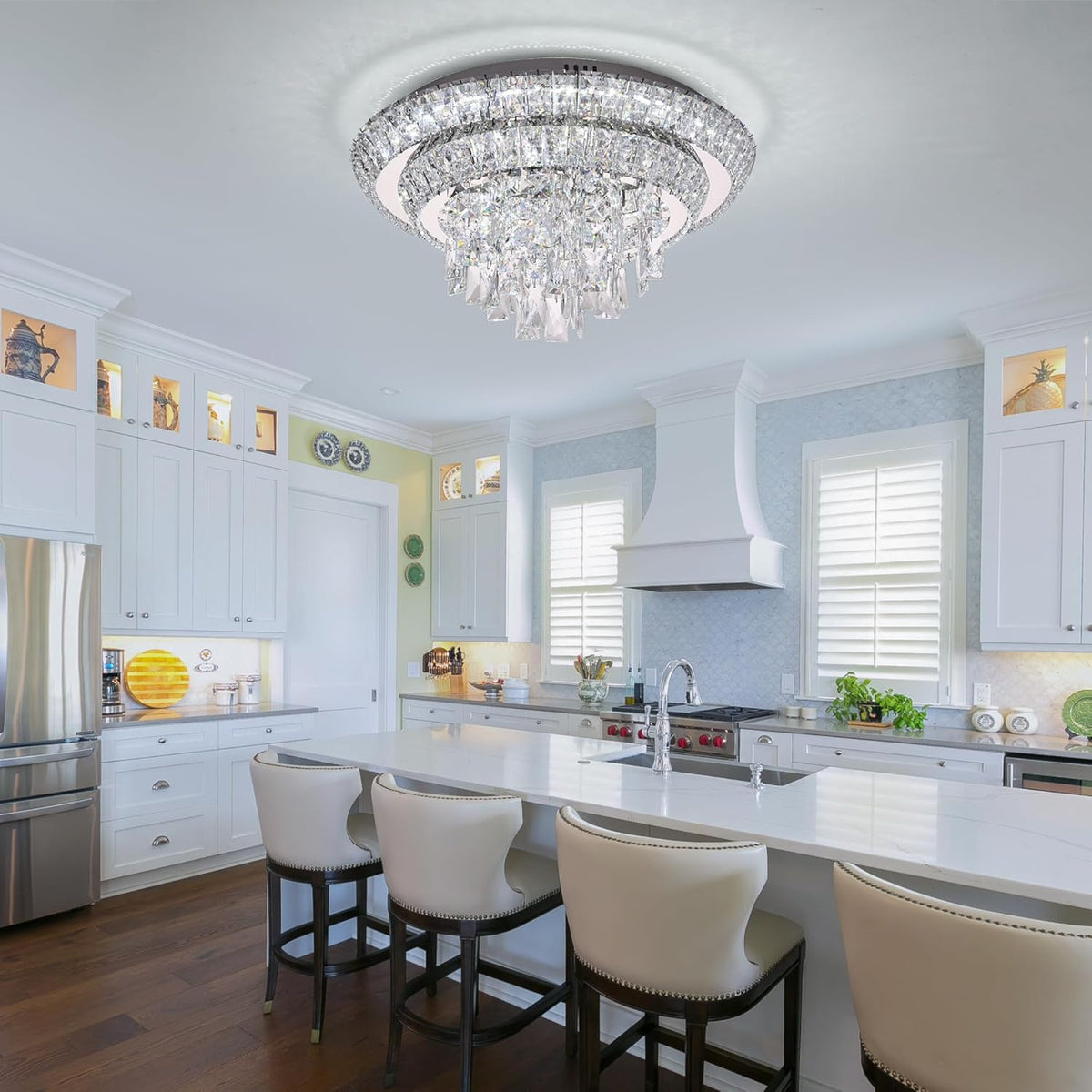 18 inch Crystal Silver Ceiling-Light Flush Mount with Remote Control and APP, 3CCT Dimmable &
