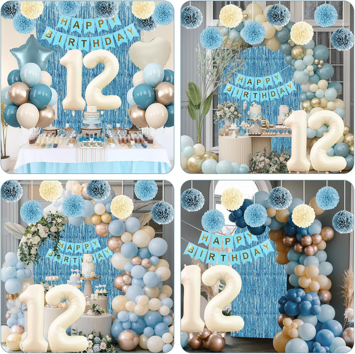 Dusty Blue 12th Birthday Party Decorations Boys Girls Beige Cream Number 12 Balloon with Blue Gold