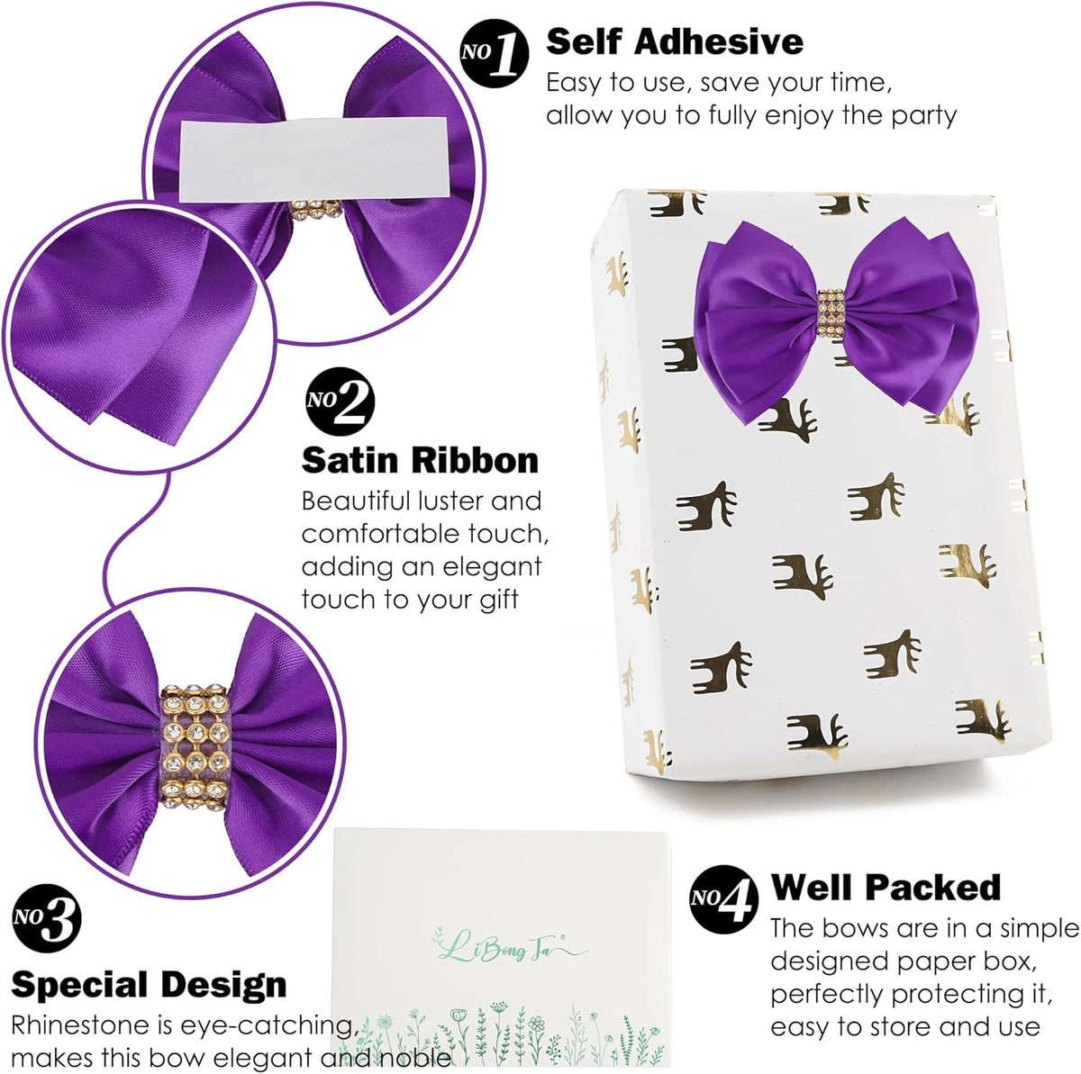 Purple Ribbon Bow 4'' Premade Satin Bow, Purple Gift Bows with Rhinestone, Wrapping Bows for