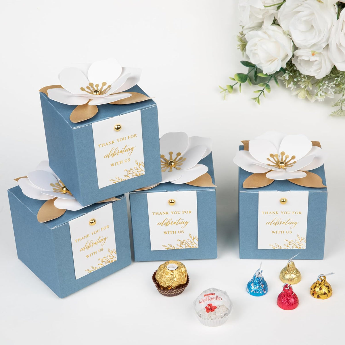 FEIYI 20 PCS Dusty Blue Gift Boxes, 3 In 1 Favor Boxes with Floral Decor, White Thank You Tags