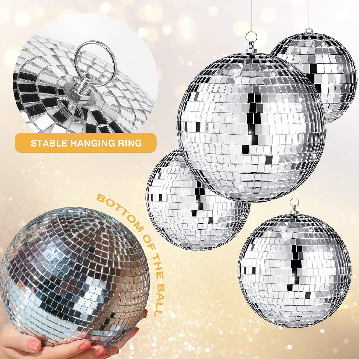 4 pack Large Disco Ball Silver Hanging Disco Balls Reflective Mirror Ball Ornament for Party