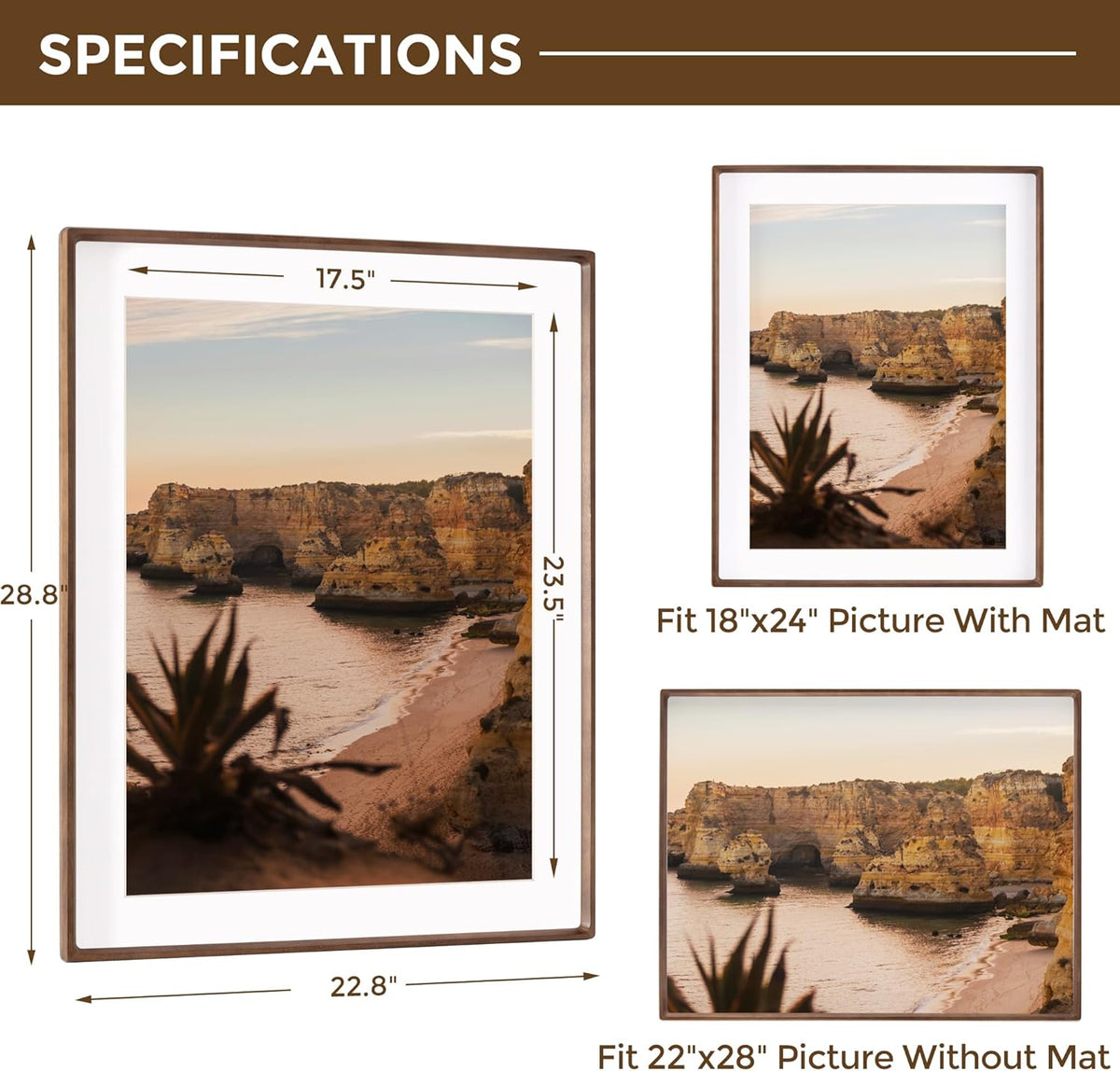 22x28 Frame with Mat to 18x24 Picture Frames USA-Sourced Natural Solid Walnut Wood Handcrafted