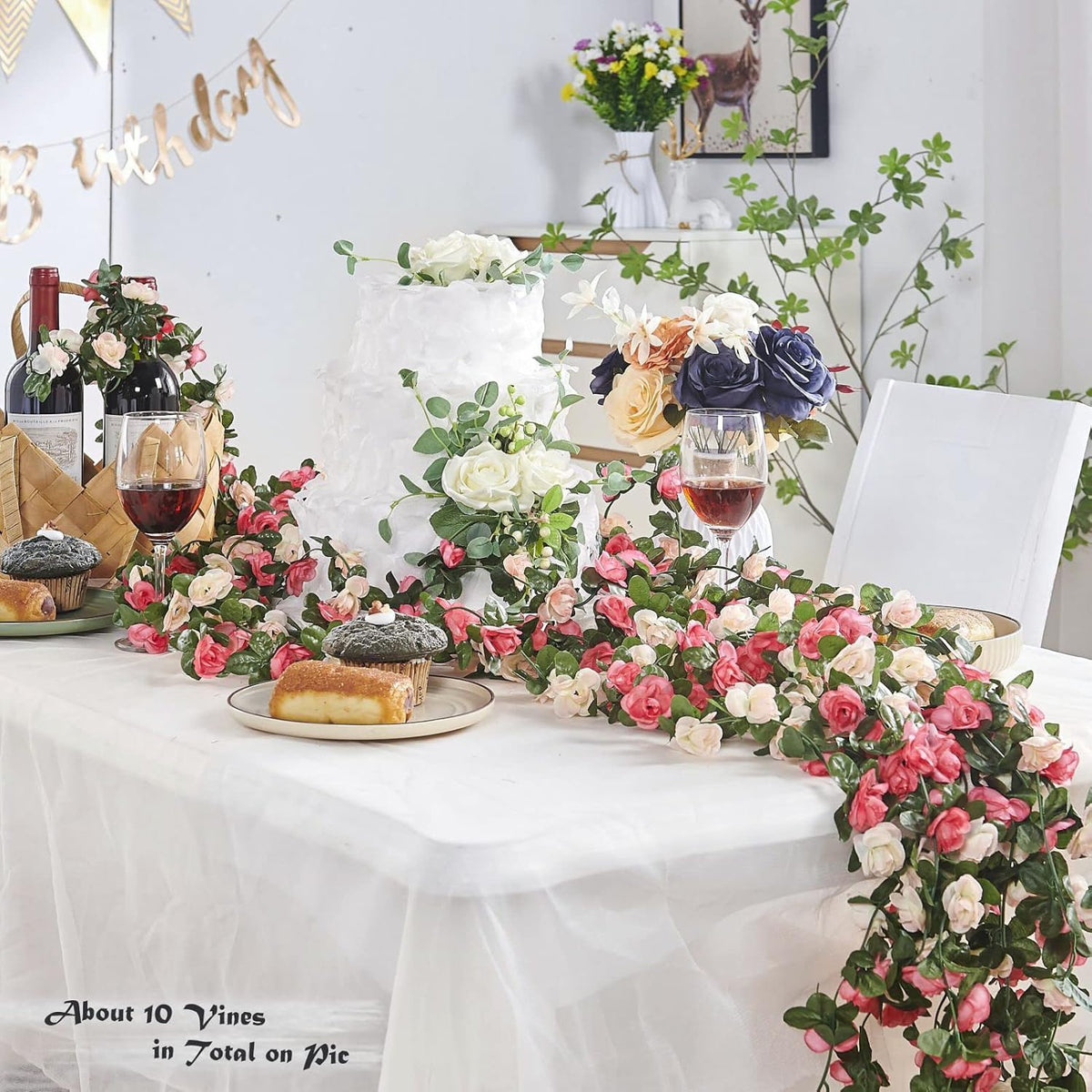 8 Pcs x 8.2 ft Flower Garland Artificial Rose Vine Flowers with Green Leaves Hanging Fake Roses