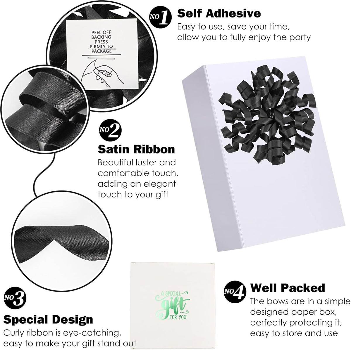 5 Inch Black Bows Curly Ribbon Bows for Gift Wrapping, Satin Bows with Double-Sided Tape, Self