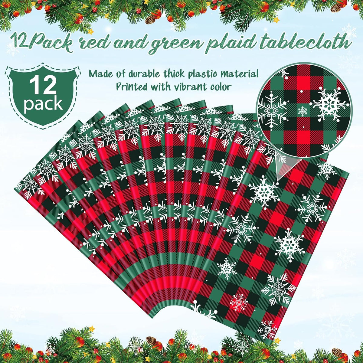 12Pcs Christmas Buffalo Plaid Snowflake Party Tablecloths Decorations,Plastic Red and Green