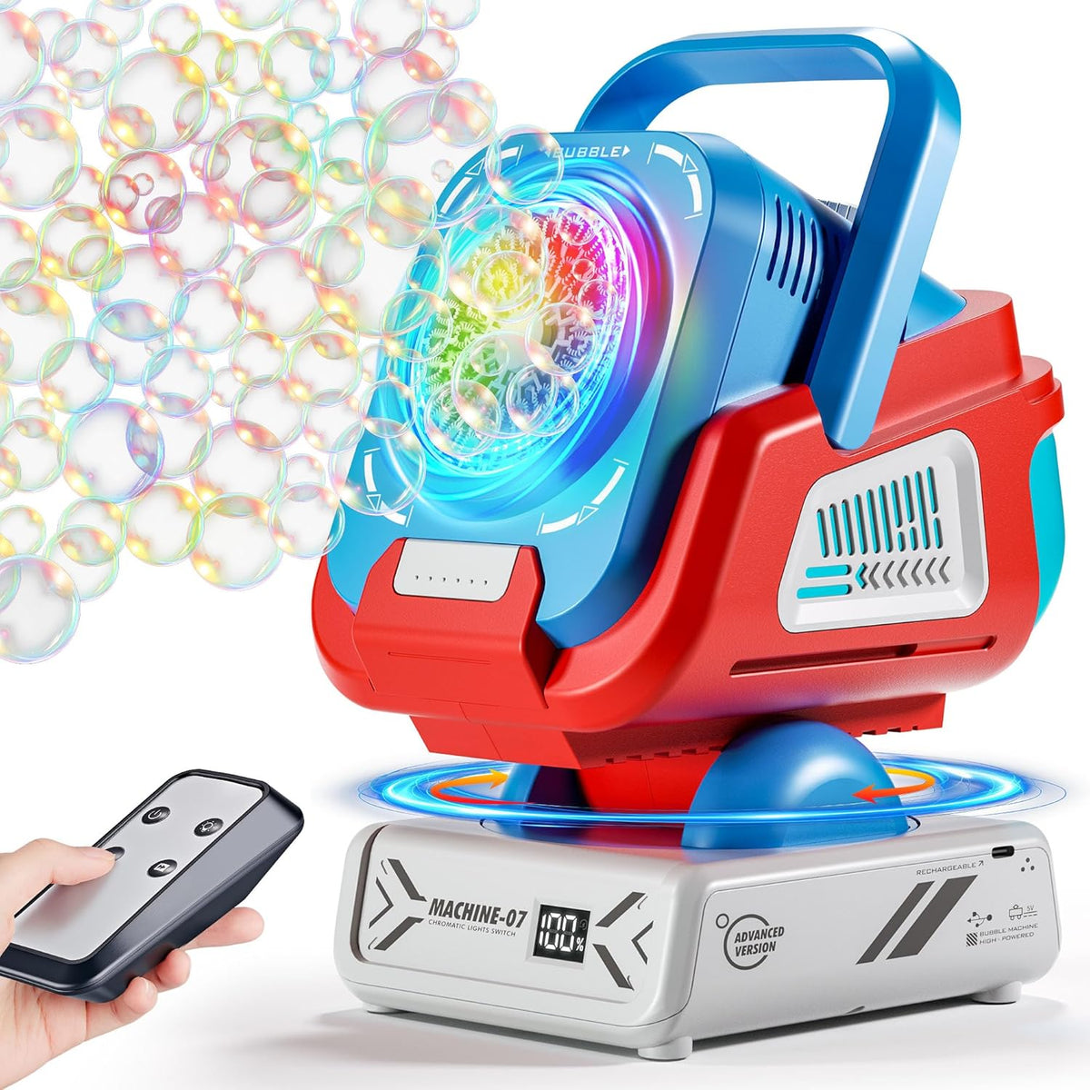 2025 Upgraded Bubble Machine with Remote Control, Automatic Rotation & RGB Lights, 1800mAh