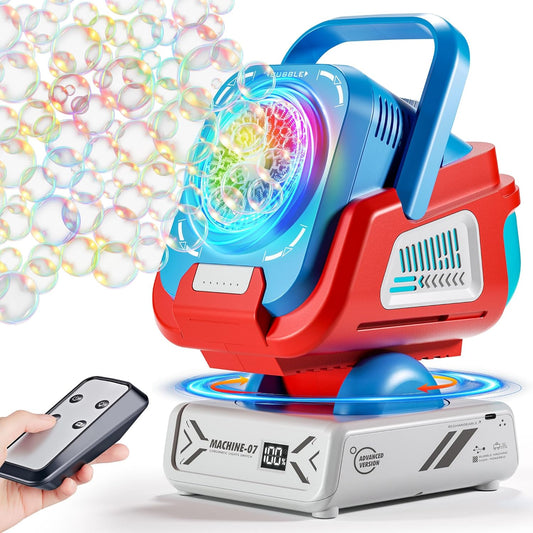 2025 Upgraded Bubble Machine with Remote Control, Automatic Rotation & RGB Lights, 1800mAh