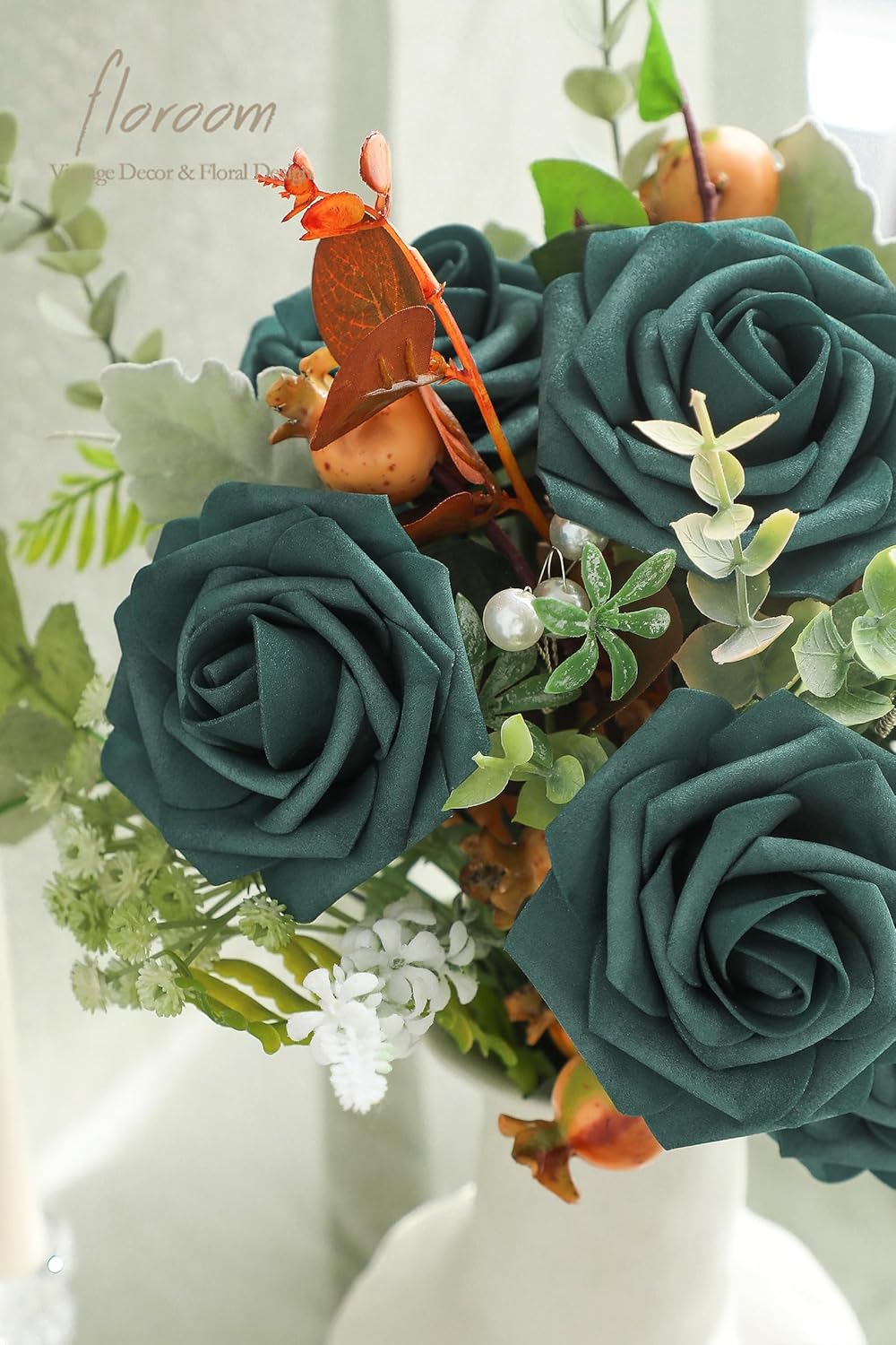 Floroom Artificial Flowers 25pcs Real Looking Peacock Green Foam Fake Roses with Stems for DIY