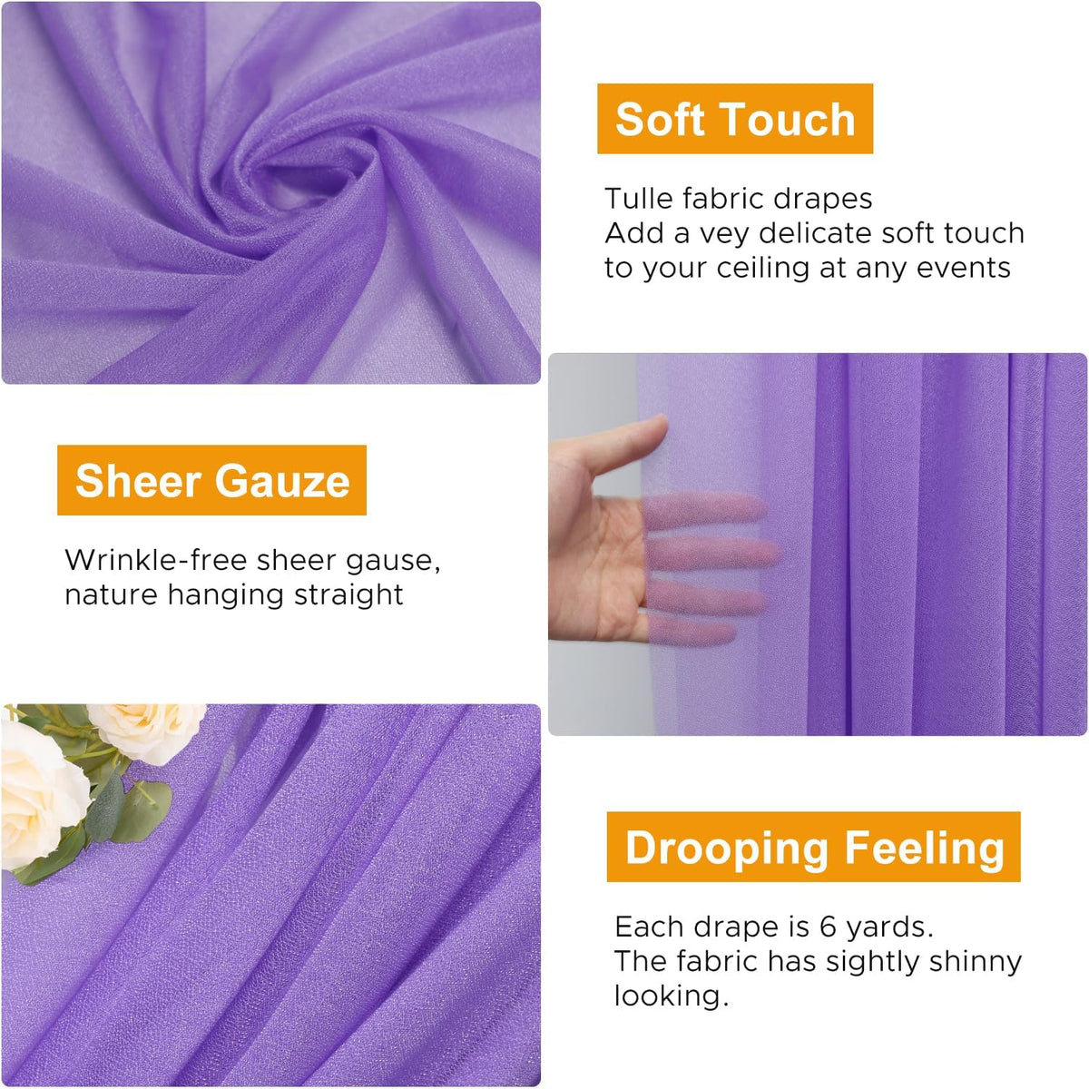 Wedding Arch Draping Fabric 2 Panels 28.7" x 20FT Lavender Purple Sheer Chiffon Backdrop Drapes for