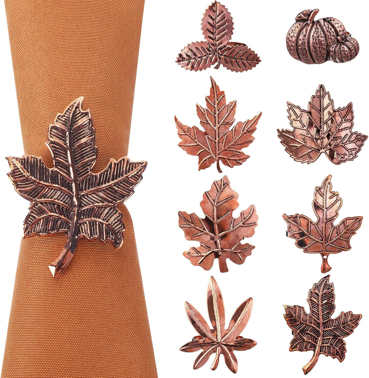 Remerry 8 Pcs Thanksgiving Napkin Ring Harvest Fall Leaf Pumpkin Holders Retro Alloy Metal Napkin