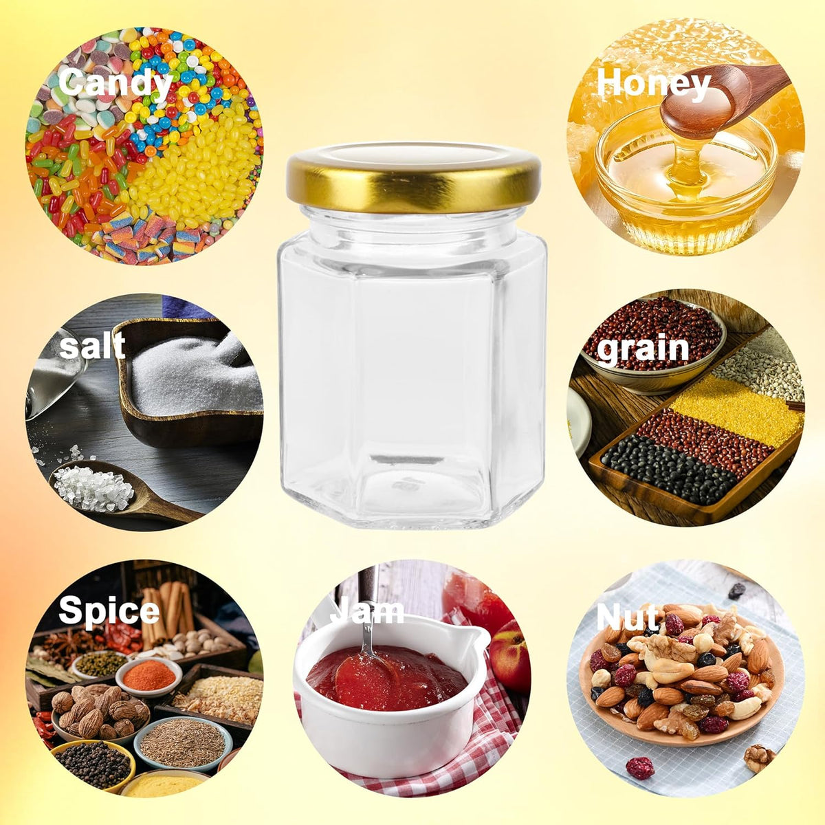 Small Glass Honey Jars with Lids 3oz,40 pack Airtight Glass Canning Jars with Gold Lids,Hexagon