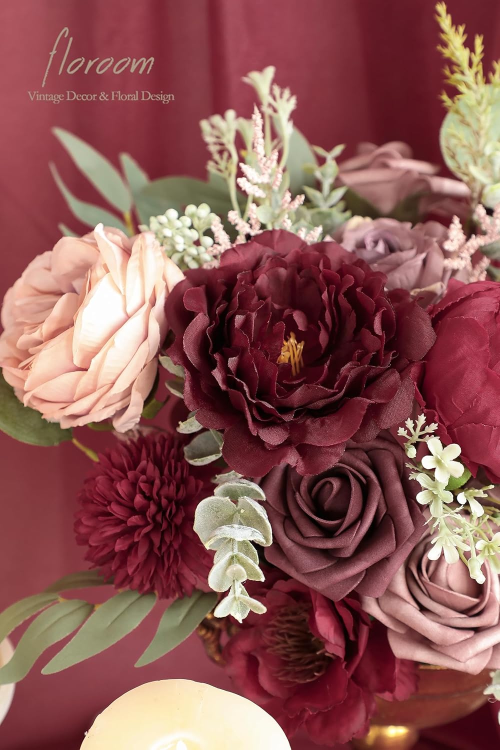 Floroom Burgundy Mauve Artificial Flowers Marsala Fake Roses Peonies and Greenery Combo Box Set for