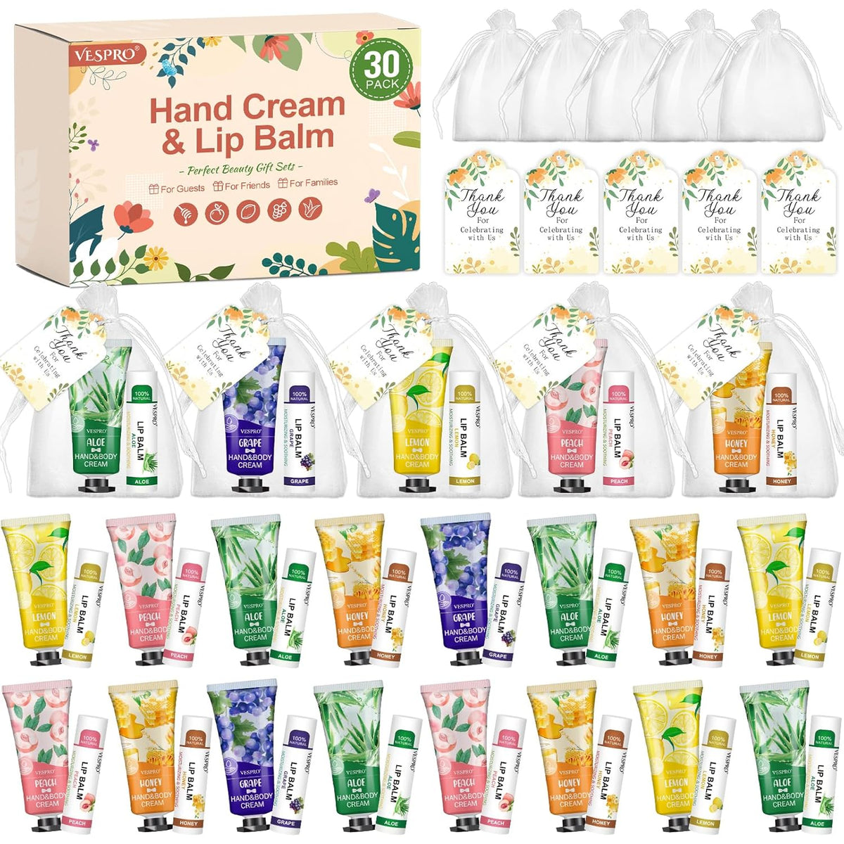 30 Sets Bulk Hand Lotion and Bulk Lip Balm Gifts, Bridal Shower Favors, Bridesmaid Gifts and