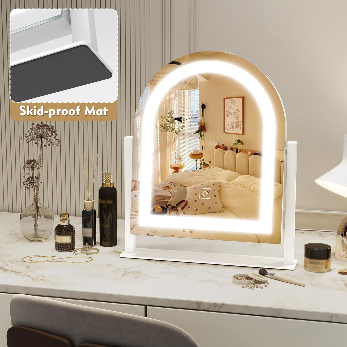 Lighted Makeup Mirror with 3-Color Dimmable Lighting, with Removable 10x Magnifier, Smart Touch