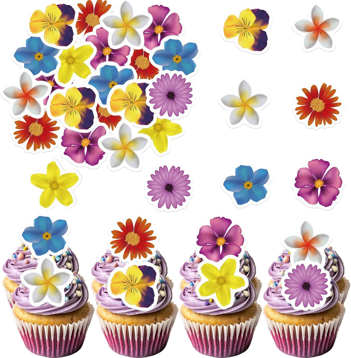 48 Edible Flowers Cupcake Toppers Edible Hawaii Flowers Cupcake Decor Wafer Paper Tropical Luau