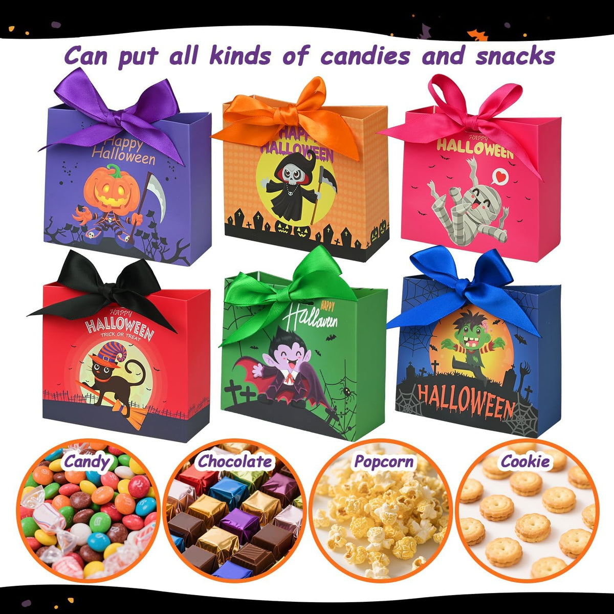 24PCS Halloween Goodies Bags, Trick or Treat Candy Gift Paper Bags Bulk with Ribbons, Halloween