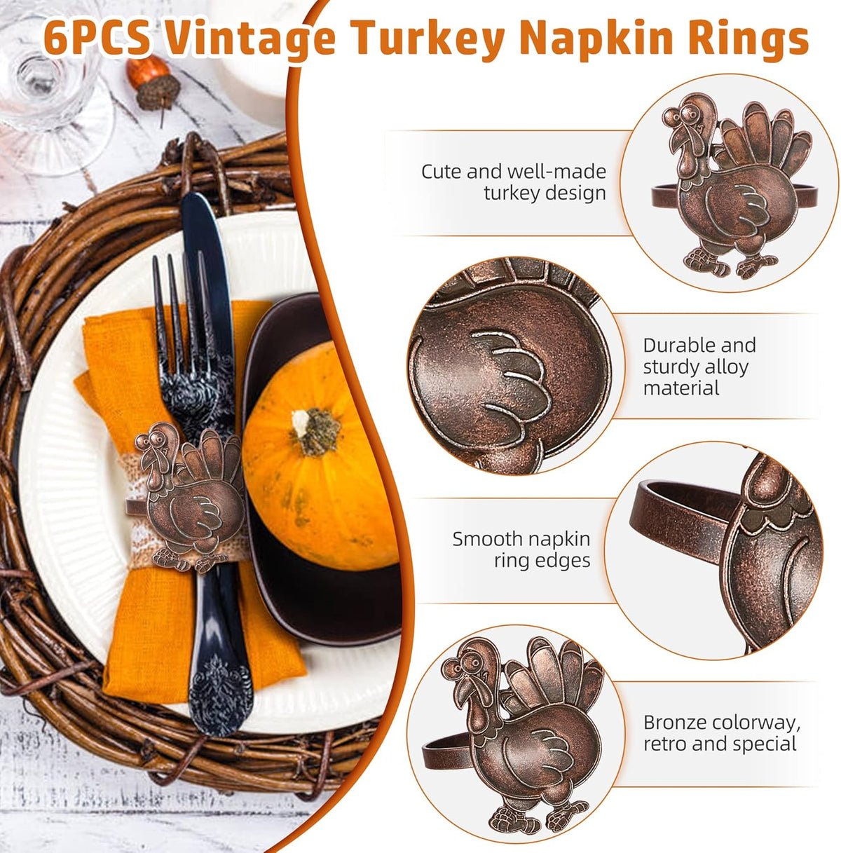 Halatool Thanksgiving Bronze Turkey Napkin Rings Set of 6, Funny Metal Festival Napkin Holders for